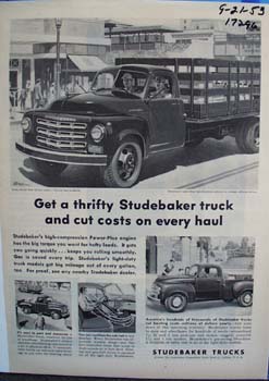Studebaker trucks haul and cut costs. Ad