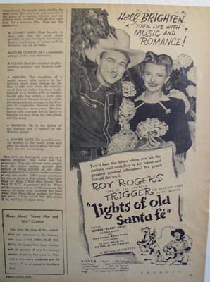 Black and white 1945 ad of Lights of Old Santa Fe starring Roy Rogers