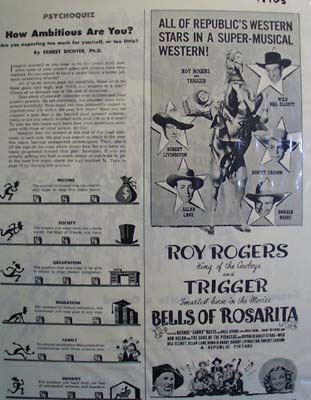 Black and white 1945 ad of Bells of Rosarita