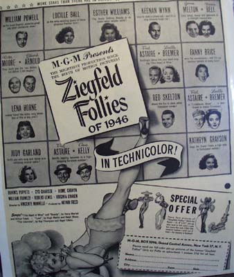 Black and white 1946 ad of the Ziegfled Follies.