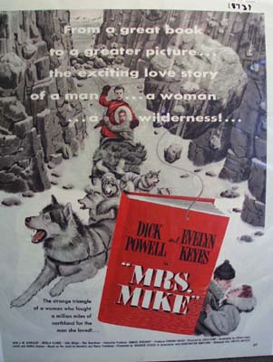 Black and white 1949 ad of Mrs. Mike starring Dick Powell