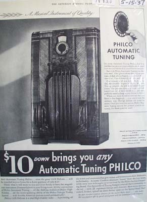 Philco automatic tuning radio Ad 1937.