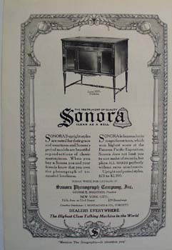 Sonora phonograph Ad 1920. Ad was published 11/20