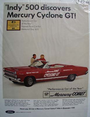 Mercury Comet at Indy 500 Ad 1966