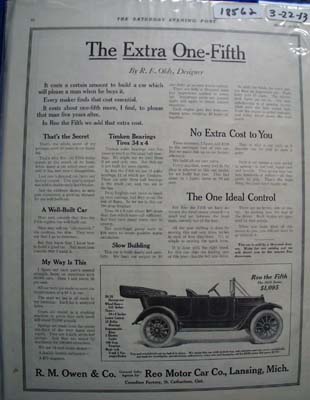Reo Auto Extra One-Fifth Ad 1913