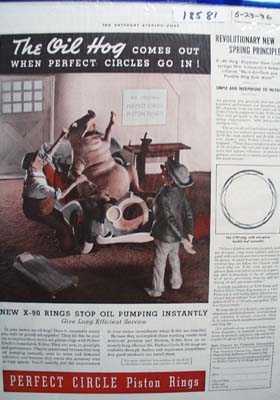 Perfect Circle Piston Rings Oil Hog Out Ad 1936