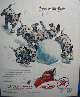 Texaco Fire-Chief gasoline gets your car rollin fast Ad 1952