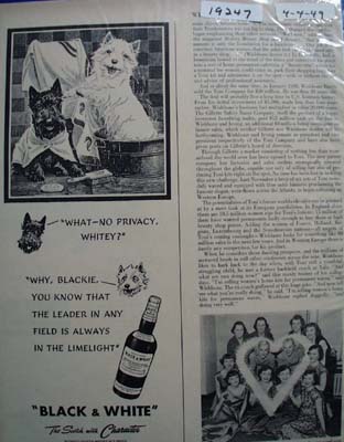 Black & White Whiskey Scottie No Privacy Ad 1949