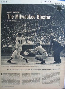 Black and white 1954 photo ad of Eddie Mathews