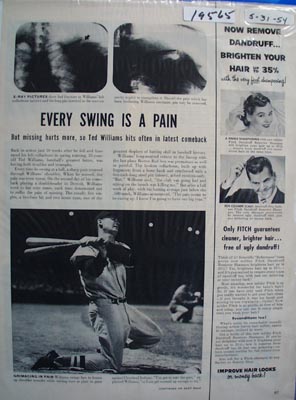 Ted Williams swinging through the pain photo Ad 1954