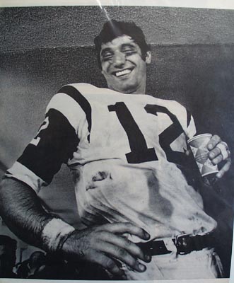 Black and white photo of Broadway Joe Namath.