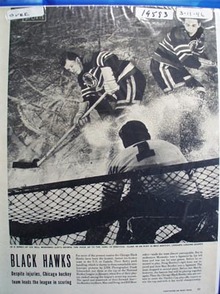 Black and white 1946 photo ad of Chicago Black Hawks great Max Bentley