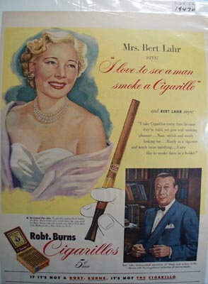 Robt. Burns cigarillos Bert Lahr Ad 1951