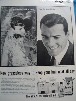 Vitalis Hair Tonic Bob Mathias Ad 1957