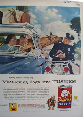 Friskies a frisky dog is a friendly dog Ad 1956.