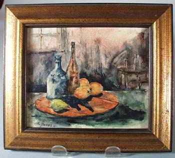 Kitchen Scene framed print showing fruit and bottles.