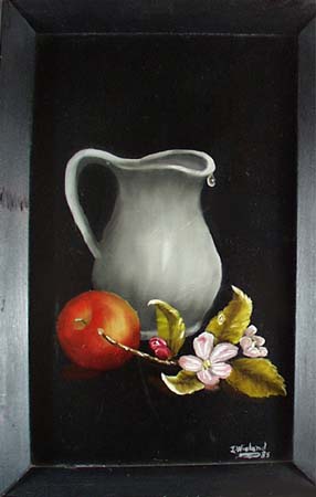 Painting showing Pitcher, apple and apple blossom.