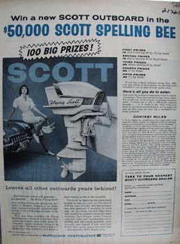 Scott Outboard Lady Sitting On Car Ad 1959
