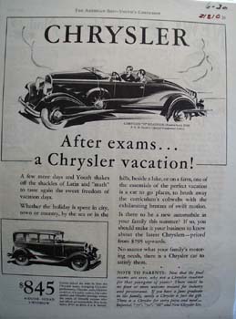 Chrysler After Exams A Chrysler Vacation Ad 1930