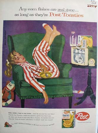 Post Toasties By Asleep On Green Chair Ad 1958