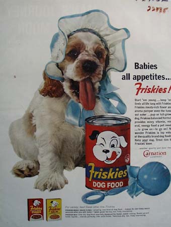 Friskies And Puppy Wearing Baby Bonnet Ad 1962