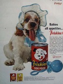 Friskies And Puppy Wearing Baby Bonnet Ad 1962