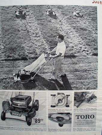 Toro Lawn Mower Man Mowing Lawn Ad 1959