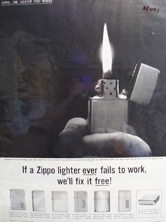 Zippo Lighter Hand Holding Lighter In Dark Ad 1960