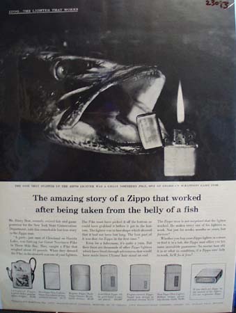 Zippo Lighter Fish Swallows Lighter Ad 1961