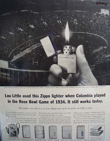 Zippo Lighter Rose Bowl Game of 1934 ad 1961