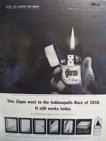 Zippo Lighter To Indianapolis Race 1938 Ad 1963