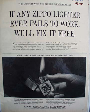 Zippo Lighter Incredible Guarantee Ad 1965