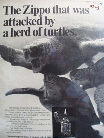 Zippo Lighter Attacked By Herd Of Turtles Ad 1969