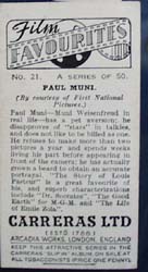 1938 Paul Muni Film Favorites Card, This is no 21