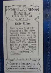 Sally Eilers Stage and Cinema Beauty Card 1933,