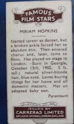 Miriam Hopkins Famous Film Star Card 1935
