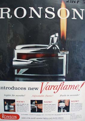 Ronson Cigarette Lighter New Varaflame Ad 1958