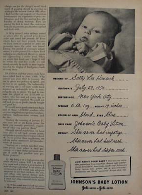 Johnsons Baby Lotion And Sally Lee Hancock Ad 1951