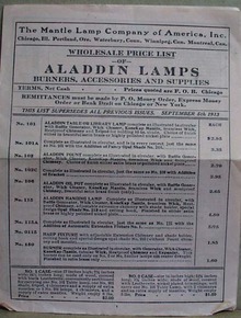 Aladdin Lamps Wholesale Price list of 1913