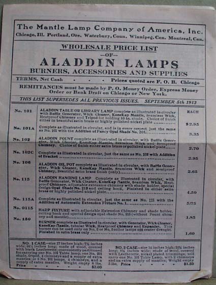 Aladdin Lamps Wholesale Price list of 1913
