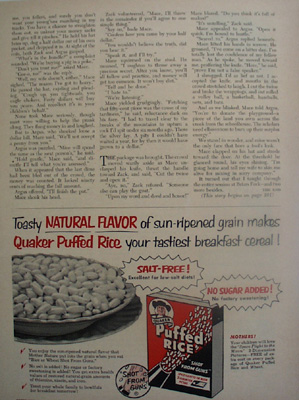 Quaker Puffed Rice Sun Ripened Grain Ad 1953