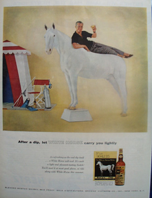 White Horse Scotch Man Reclining On Horse Ad 1958