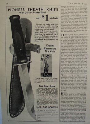 Pioneer Dept. Pioneer Sheath Knife Ad 1933
