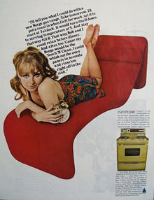 Norge Gas Range Lady Holding Clock Ad 1967