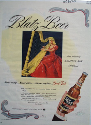Blatz Beer Woman Playing Harp Ad 1944