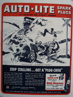 Auto Lite Plugs Car Stuck On Tracks Ad 1945