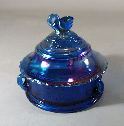 Summitt Glass Swan Covered Candy or Powder Dish in blue carnival glass
