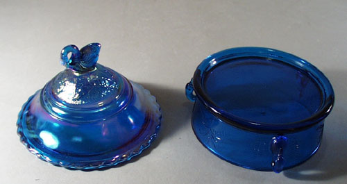Summitt Glass Swan Covered Candy or Powder Dish in blue carnival glass
