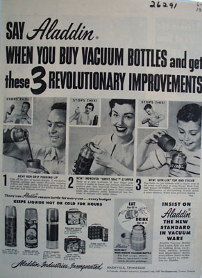 Aladdin Vacuum Bottles New Standard Ad 1954
