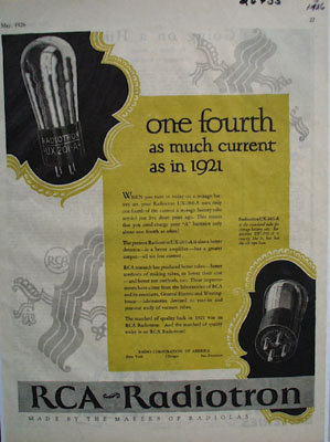 RCA Radiotron One Fourth The Current Ad 1926